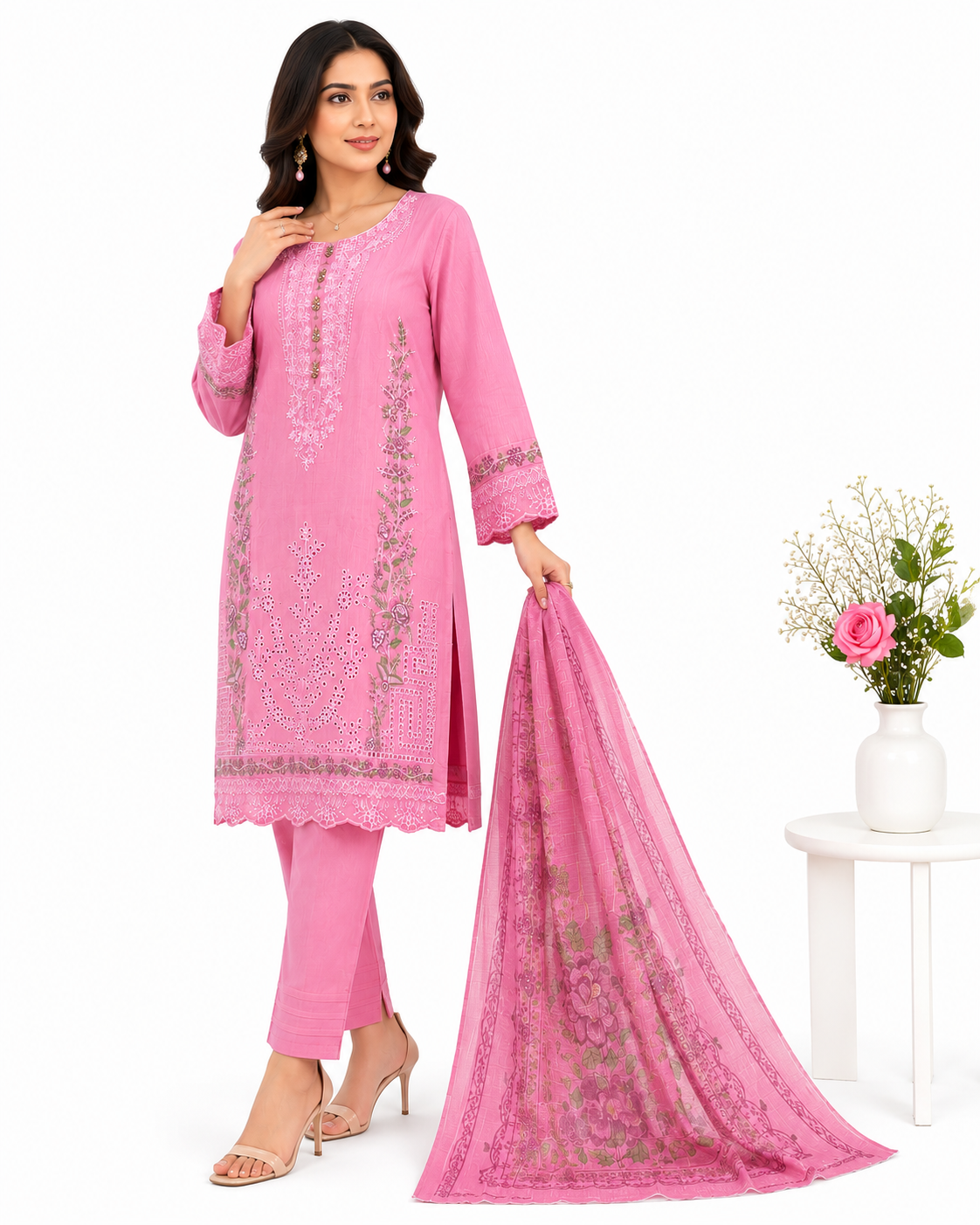 Premium Lawn Cotton 3-Piece Embroidered Suit with Printed Dupatta
