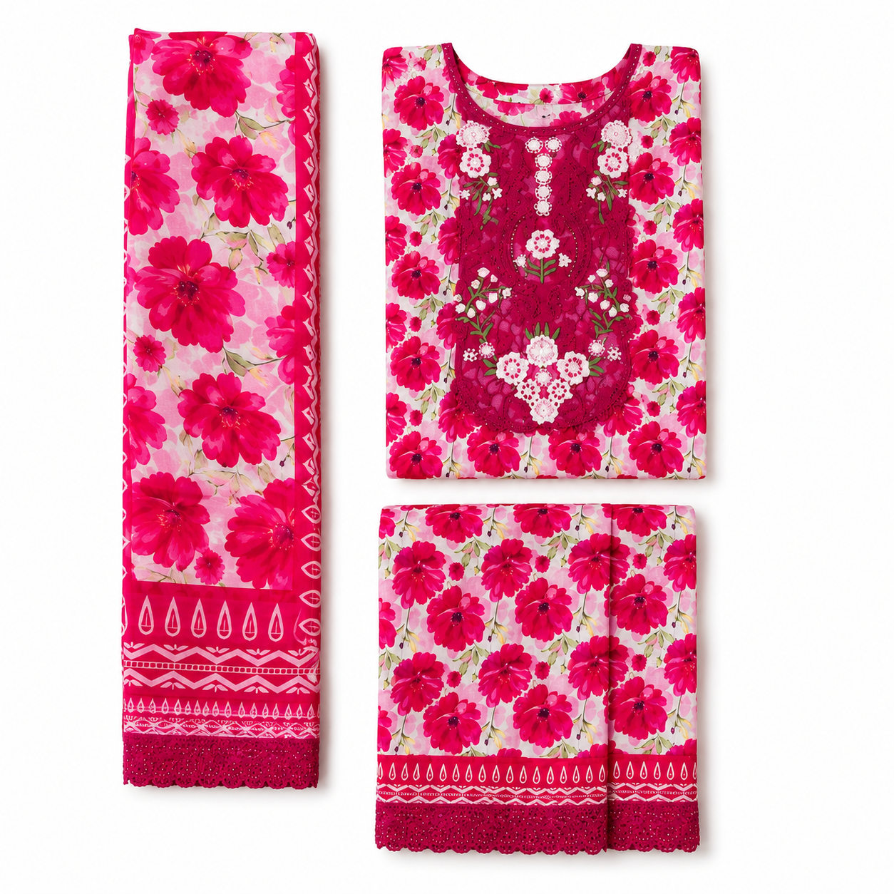 Elegant Printed Lawn 3 Piece Suit with Patchwork | Summer Collection