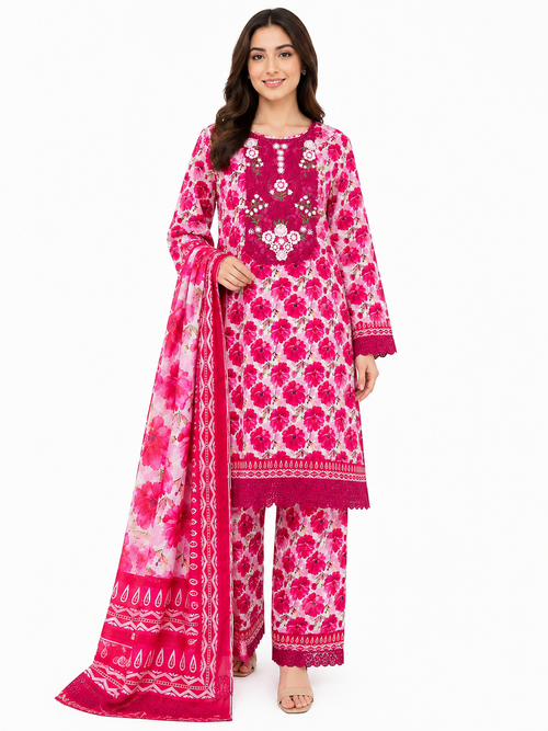 Elegant Printed Lawn 3 Piece Suit with Patchwork | Summer Collection