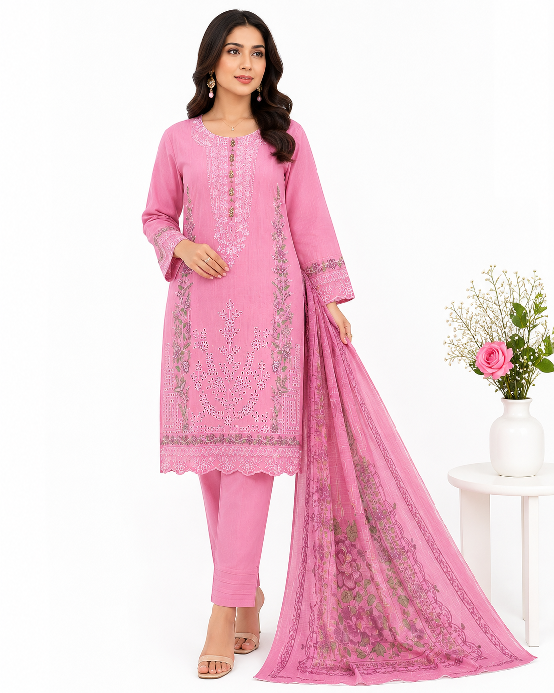 Premium Lawn Cotton 3-Piece Embroidered Suit with Printed Dupatta