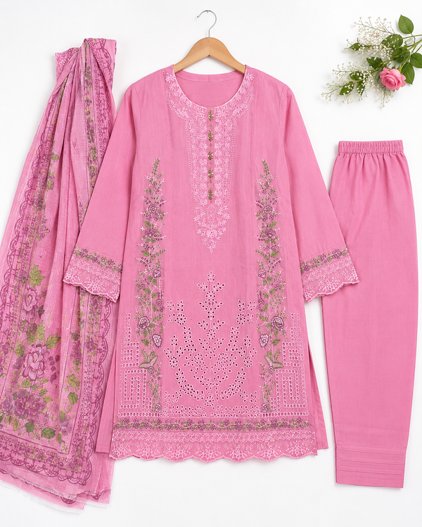 Premium Lawn Cotton 3-Piece Embroidered Suit with Printed Dupatta