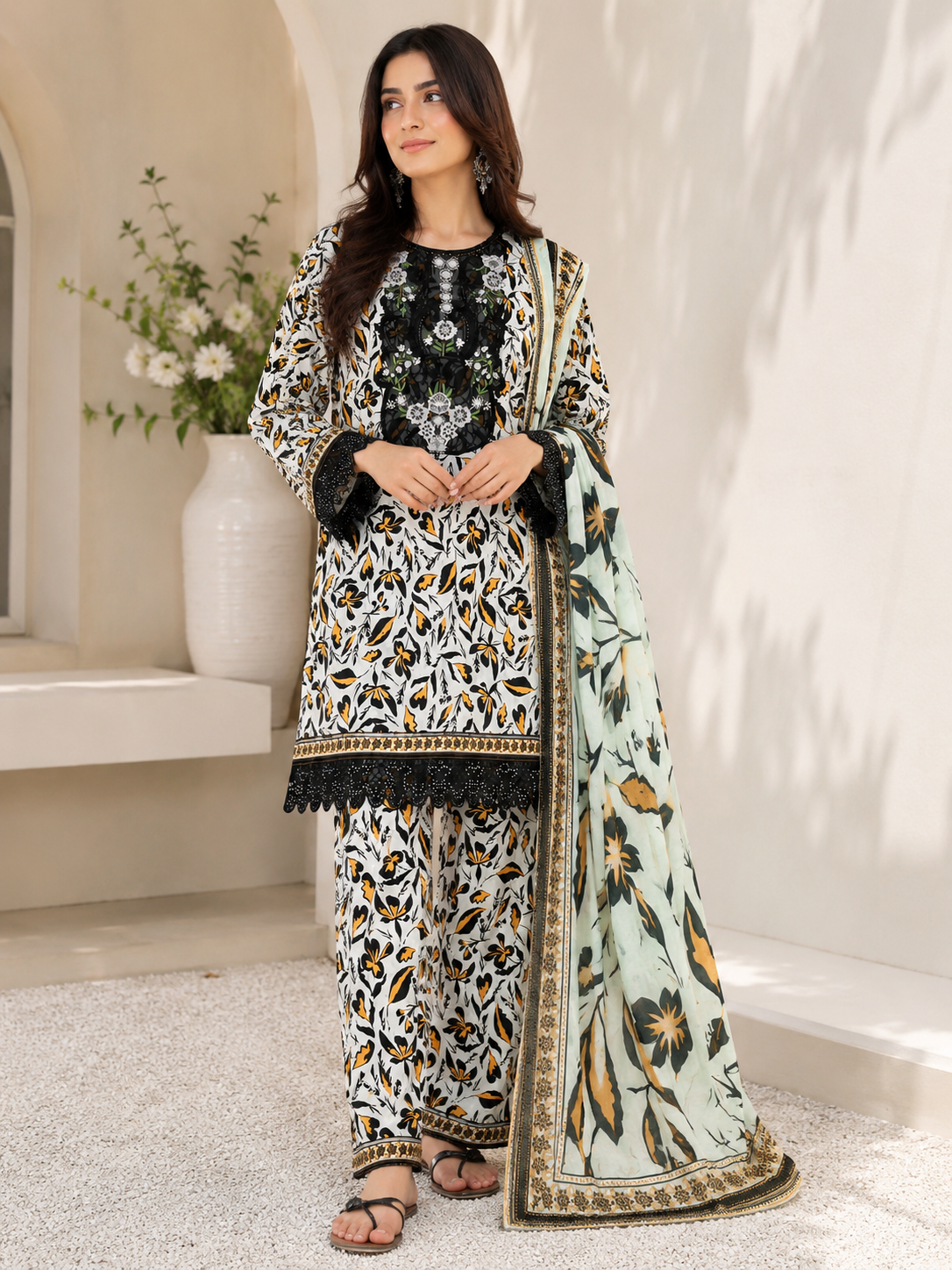 Elegant Printed Lawn 3 Piece Suit with Patchwork | Summer Collection