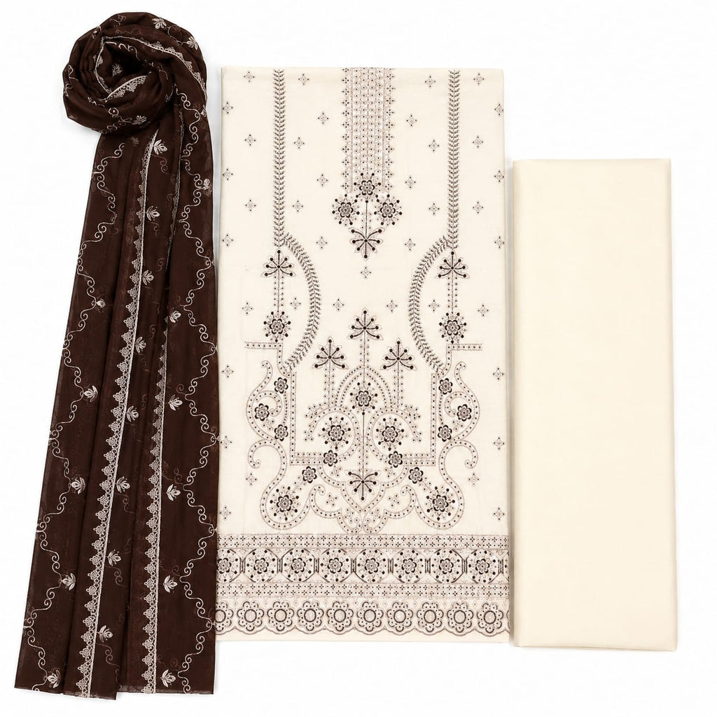 Cream 3 Piece Embroidered Suit with Stone Work | Premium Unstitched Collection
