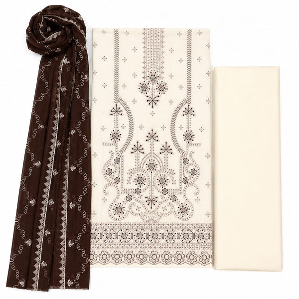 Cream 3 Piece Embroidered Suit with Stone Work | Premium Unstitched Collection