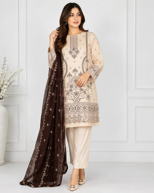 Cream 3 Piece Embroidered Suit with Stone Work | Premium Unstitched Collection