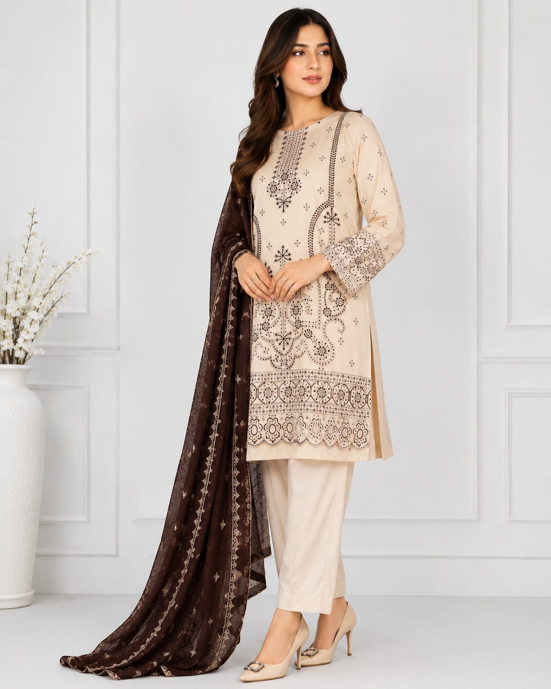 Cream 3 Piece Embroidered Suit with Stone Work | Premium Unstitched Collection